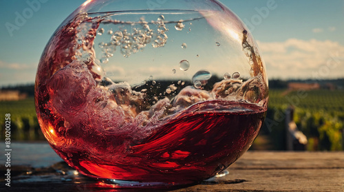 A glass of red wine with bubbles floating to the top sits on a bed of red and black grapes.