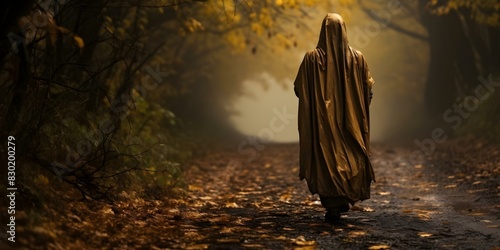 Observing a cloaked figure on a rural trail. Concept Mystery Cloaked Figure, Rural Setting, Trail Encounter, Suspenseful Moment
