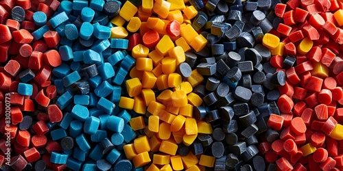 Promoting reuse and separate waste collection in plastic manufacturing with colorful plastic pellets for recycling. Concept Eco-friendly Manufacturing, Plastic Recycling, Waste Separation