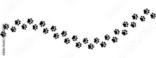 Paw print of a dog or cat. Footprint pet. Black lines animal prints isolated on white background. Tiger paws. Cute canine pattern. Puppy track. Feline step outline. Kitten leg. Vector illustration