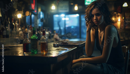 pretty woman in the night sitting drunk in a bar