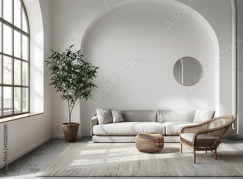 white living room with grey carpet, sofa and rattan chair, large window on the left side of wall,