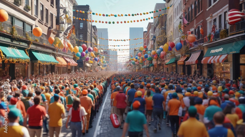 A bustling city street during a festive parade, with colorful floats, marching bands, and excited crowds. Generative AI.