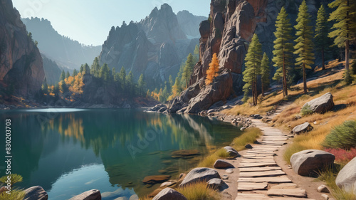 A serene mountain lake surrounded by rugged cliffs, pine forests, and a hiking trail winding along the shore. Generative AI.