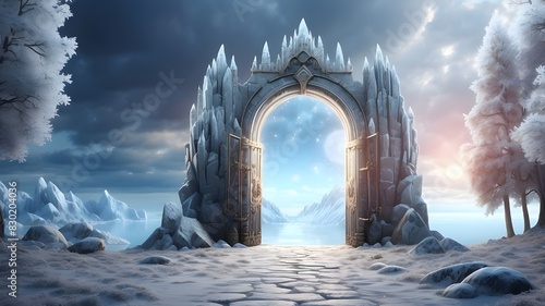 Magical portal on winter landscape, fairy tale background with ice crystal door, mirror or gate with fantasy castle, snowy landscape with glowing entrance on rock under cloudy gray sky 3d illustration