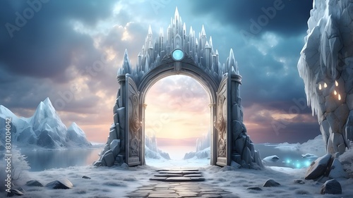 Magical portal on winter landscape, fairy tale background with ice crystal door, mirror or gate with fantasy castle, snowy landscape with glowing entrance on rock under cloudy gray sky 3d illustration