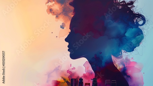 Beautiful woman silhouette infused with images of makeup essentials highlighting hidden allure