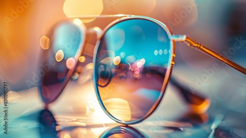 Sunglasses: A pair of sunglasses is elegantly photographed on a bright surface. The details of the frame and reflections on the lenses are visible, highlighting the sunglasses' design and style