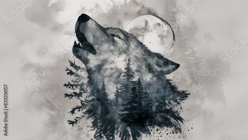 The head of a howling wolf. The darkened silhouette of the wolf organically merges with the surrounding pine trees and the moonlit sky.