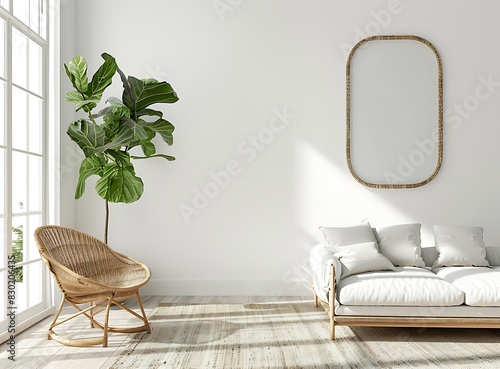 white modern living room with sofa and rattan chair, carpet on the floor, 
