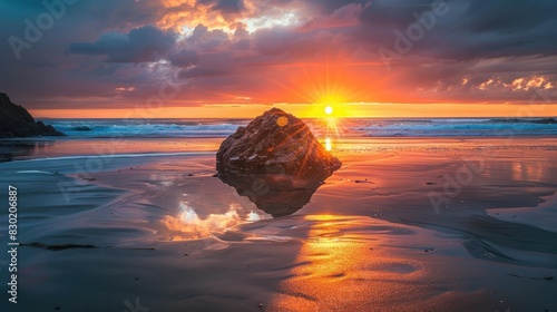Sunset over large rock on beach illuminated by setting sun