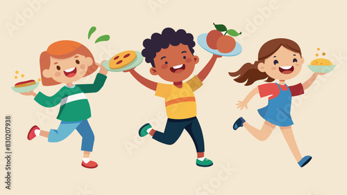 Children ran around with plates full of food sampling a little bit of everything and delightedly exclaiming their findings to their friends.. Vector illustration