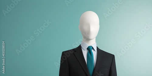 A faceless male mannequin wearing a black suit and tie against a teal background