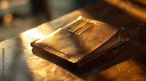 Wallet: Placed on a smooth surface, a wallet shines under the sunlight with its leather texture.