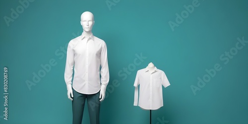 A faceless male mannequin wearing a white dress shirt and slacks against a teal background
