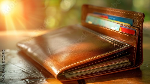 Wallet: Placed on a smooth surface, a wallet shines under the sunlight with its leather texture.