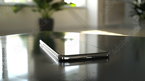 Cell Phone: A clean and modern cell phone resting on a shiny table. Its sleek design and intricacies are visible as it reflects the screen. 