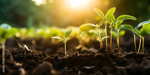 Growth of new sprouts in fertile soil: A testament to sustainable agriculture and efficient water usage. Concept Sustainable Agriculture, Efficient Water Usage, New Growth, Fertile Soil, Sprouts