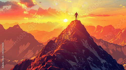 A businessperson standing triumphantly on top of a mountain peak, detailed rocky terrain and vibrant sunrise, high-detail, symbolizing the achievement of reaching the pinnacle of success