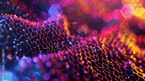 Generate an image featuring intricate small hexagonal structures crafted from interconnected dots, set against assorted colorful and dynamic backdrops.