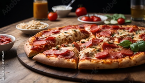 A slice of pepperoni pizza is on a wooden board