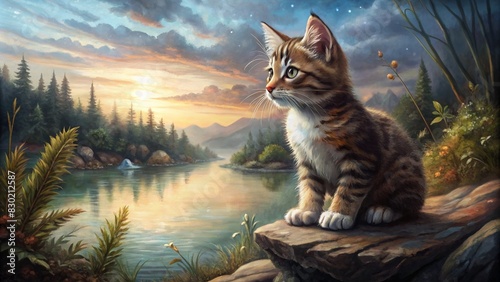 kitten sitting on a rock by the lake
