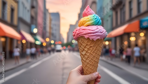 A hand holding a colorful ice cream cone against a blurred background of a city street