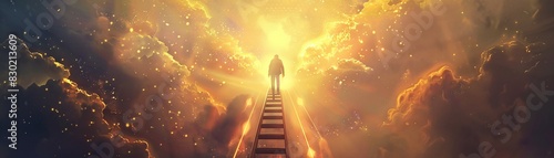 A person climbing a ladder towards a glowing light, detailed rungs and vibrant light beams, high-detail, symbolizing career advancement and the journey to success.Highly detailed