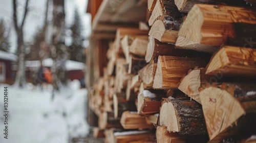  A multitude of logs piled high in front of a snow-covered building Ample snow blankets the ground, with trees visible in the background