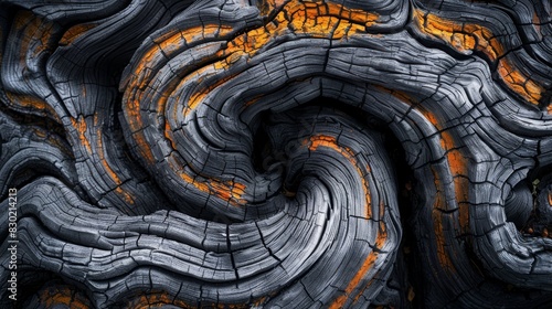 A tight shot of a wood slice resembling a tree trunk, displaying orange striations in its heartwood against a black backdrop of gray and orange