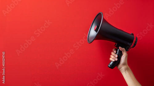 A woman's hand holds a black loudspeaker on a red background. announces a discount promotion. Concept of recruitment, advertising. Copy space