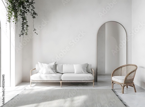 A white living room with a sofa, carpet and rattan chair in the center of an empty space