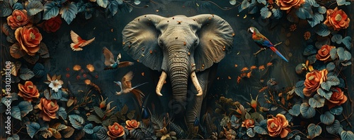 An elephant in the water with its trunk in the air and surrounded by other animals.