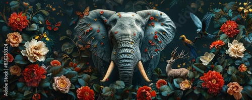 A blue elephant with tusks stands in a field of flowers, surrounded by red and pink roses. The elephant is the main focus of the image, and its trunk is visible as it stands among the flowers.