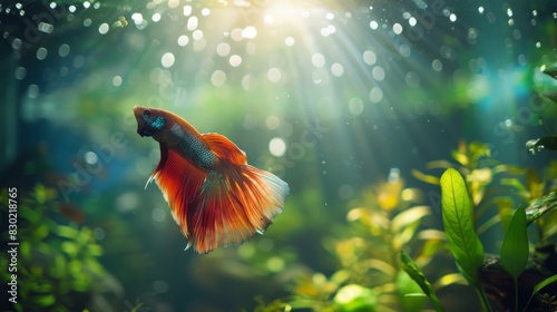 A serene underwater scene of a betta fish tank, with soft lighting and peaceful ambiance creating a tranquil retreat for relaxation.