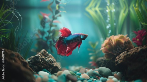 A serene underwater scene of a betta fish tank, with soft lighting and peaceful ambiance creating a tranquil retreat for relaxation.