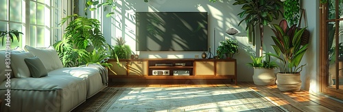 A large flat screen television is sitting on a wooden stand in a living room. The television is turned off, and there are potted plants nearby.
