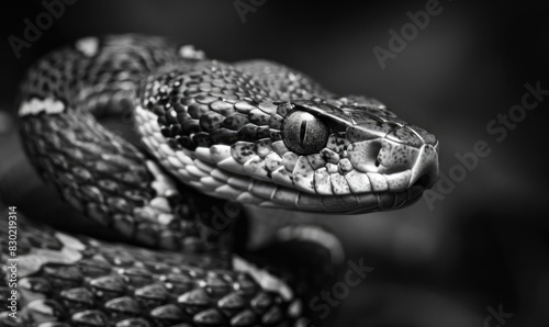 Black and white portrait of the snake, closeup