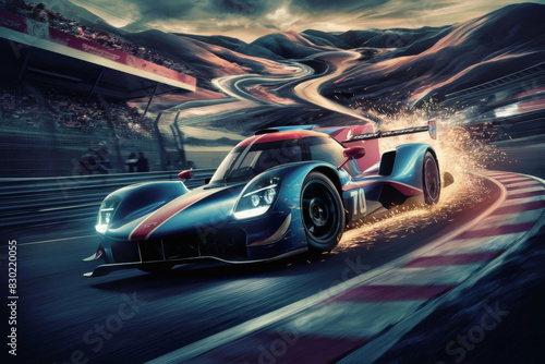 High-speed racing car on track, depicting motor sports intensity in digital art.