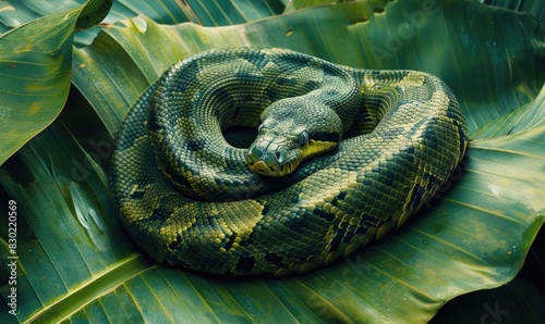 Anaconda on banana leaves