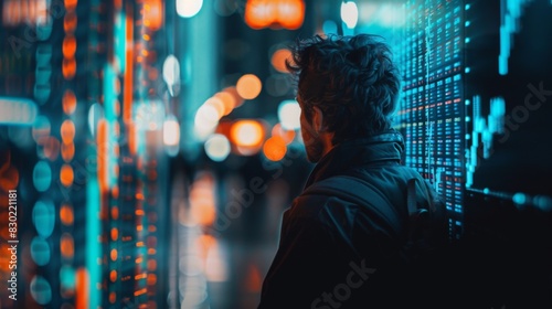 A stock market trader analyzing stock price graphs and technical indicators on a digital screen, making buy or sell decisions.