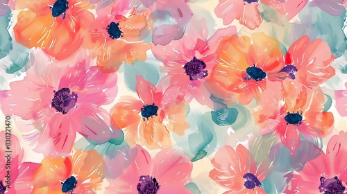 A simple, seamless pattern of hand-drawn gouache flowers on a colorful background.