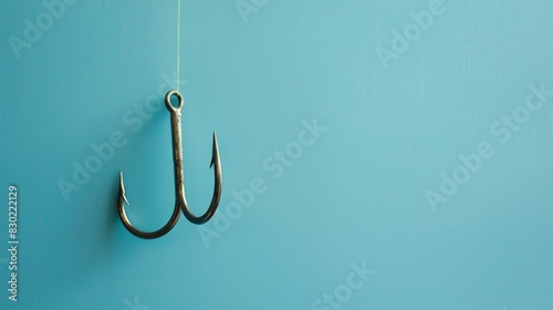 A white paper sheet with a fishing hook and line on a blue background.