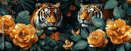 Two tigers are sitting in a jungle, surrounded by flowers. They are looking at the camera with a serious expression on their faces.