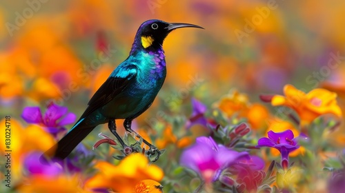  A bird perches on a branch amidst a field of purple, yellow, and pink flowers Background softly blurred with orange, pink, purple, and yellow blooms