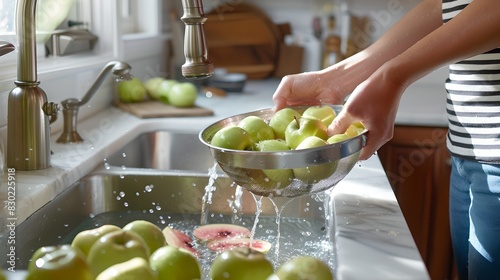 Person washing fresh green apples in a kitchen sink. Bright natural light. Home preparation for eating or cooking. Lifestyle and healthy living concept. AI