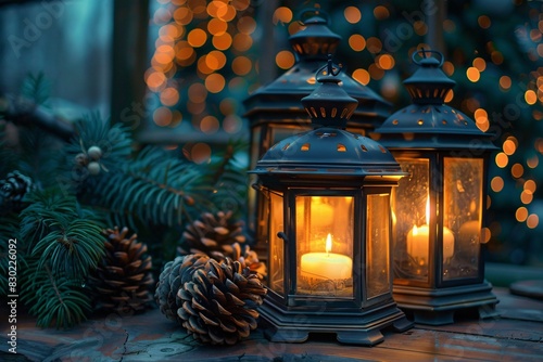 a group of lanterns with candles and pine cones