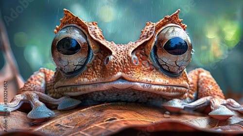  A tight shot of a frog's face bearing a solitary raindrop atop its head A leaf sits prominently in the foreground, while the backdrop fades into