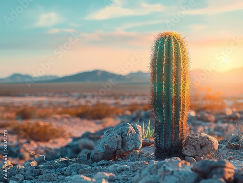 A single cactus growing on a rocky outcrop, with a wide expanse of desert sand and distant hills behind it. The soft, golden light of sunset creates a warm and tranquil atmosphere.