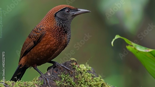  A brown-and-black bird perches on a mossy tree branch, contrasting against the background of green foliage In the foreground, a blurred green leaf adds